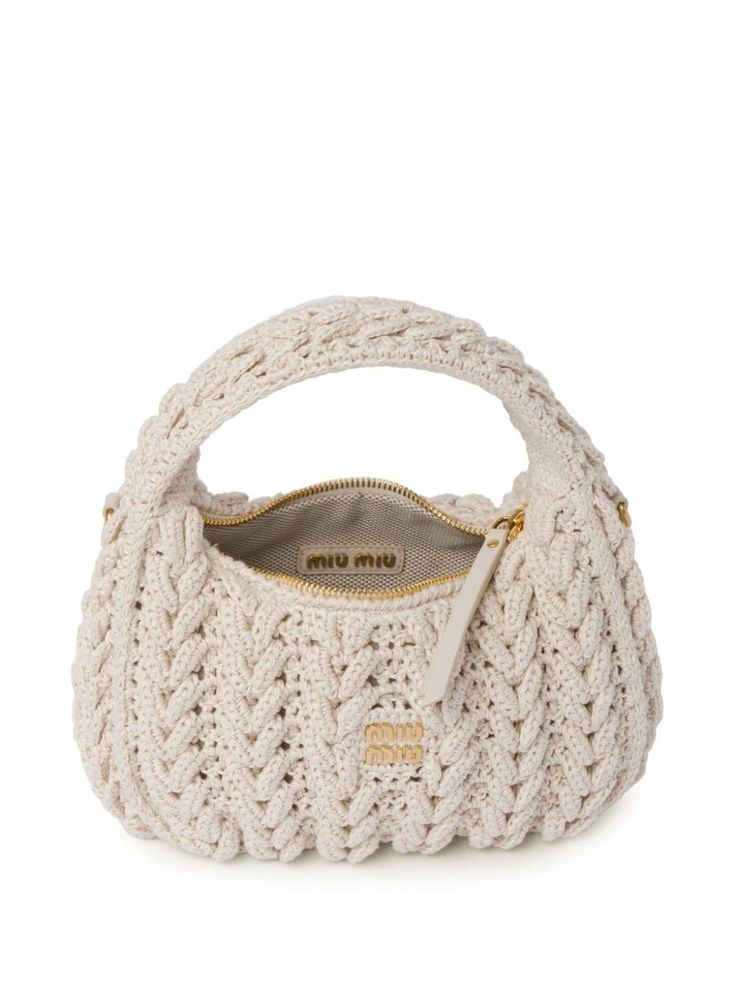 Miu Miu Wander Crochet Tote Bag - Farfetch Miu Miu Wander, Miu Miu Bag, Cute Handbags, Crochet Tote Bag, Lettering Logo, Crochet Tote, Chalk White, Ballet Flat Shoes, Knitted Bags