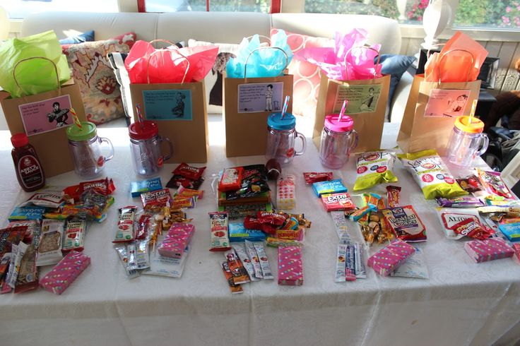 the table is covered with lots of candy and gift bags for children to use as favors