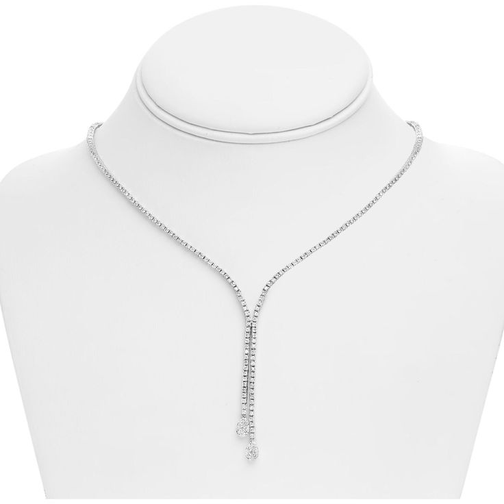 Experience unparalleled sophistication with the Diamond Bolo Tie from Roman & Jules. Transforming the classic bolo tie into a captivating and sensuous necklace, this piece is a blend of delicacy and allure. Adorned with 2.81 carats of brilliant white diamonds, it effortlessly complements any evening ensemble, adding a touch of glamour to your look. Picture it gracing your neckline, enhancing the elegance of a soft gray cashmere V-neck during the day or captivating attention with your evening att Elegant Cubic Zirconia Drop Necklace, Formal Silver Diamond Lariat Necklace, Elegant Adjustable Necklace For Anniversary, Elegant Formal Drop Necklace, Classic Adjustable Necklaces For Party, Classic Formal Drop Necklace With Diamond Cut, Classic Formal Drop Necklace With Diamond Accents, Formal White Gold Lariat Diamond Necklace, White Gold Lariat Diamond Necklace For Formal Occasions