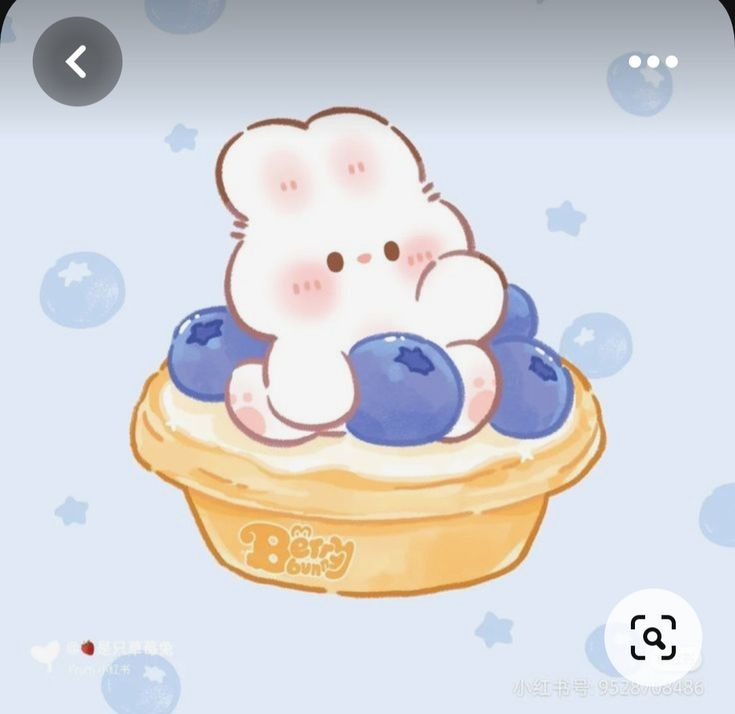 a white teddy bear sitting on top of blueberries in a yellow bowl with bubbles