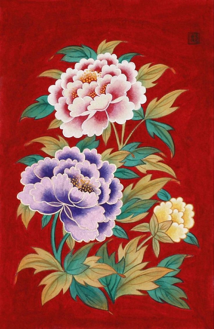 a painting of flowers on a red background