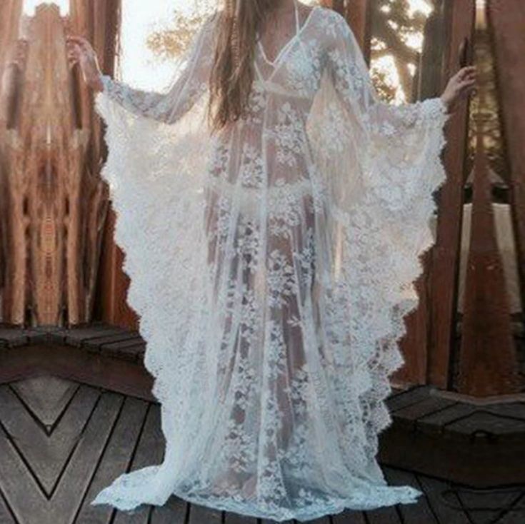 White Loose And Flowy , Sheer And Sexy Gothic Beauty Floral Lace Kaftan Floor Length Maxi Dress/ Lingerie / Beach Coverup Free Size Fits Most But Due To Length It May Be Too Long For Petite Heights Without Heels Length 60" Bust 84" Polyester , Soft With Some Stretch This Could Be Made Part Of A Custom Costume With It's Flowy Sleeves - Maybe A Pretty Ghost , Or Under Butterfly Or Moth Wings To Make The Wings Seem Longer And More Full Black Is Also Shown For Details. More Colors Are Listed Separat Beach Dress Plus Size, Lace Caftan, Lace Kaftan, Honeymoon Dress, Plus Size Beach, Caftan Dress, French Chic, Wedding Lingerie, Sleeve Maxi Dress