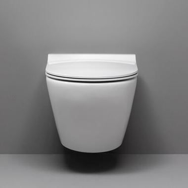 a white toilet sitting next to a gray wall