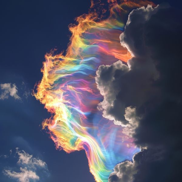 a rainbow colored cloud in the sky with some clouds behind it and blue skies above