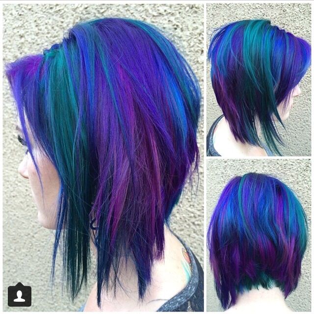 Purple, Blue, and Green Hair. Awesome!! Punky Hair Color, Purple Green And Blue Hair, Blue And Green Hair Short, Purple Green Blue Hair, Space Hair Color, Purple And Green Hair Short, Vivid Short Hair, Green Purple Hair, Blue And Green Hair