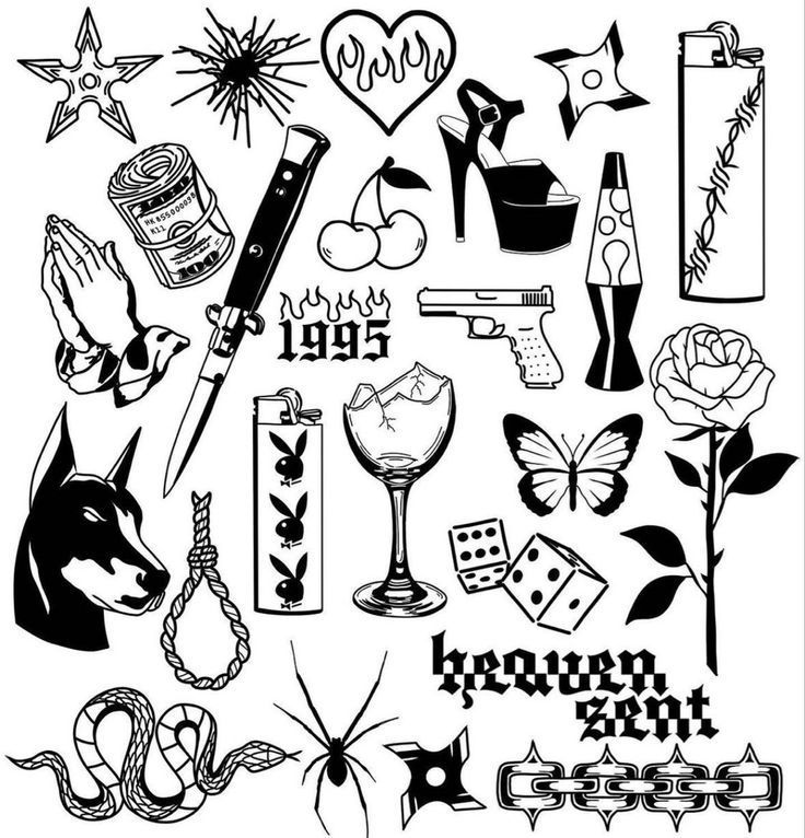 various tattoo designs and symbols on a white background