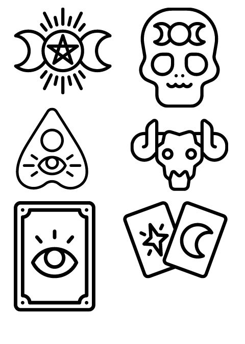 four different types of skulls with faces and the moon above them are outlined in black on a white background