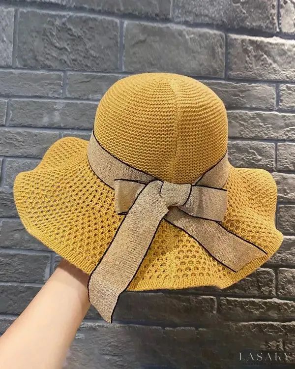 Lasaky - Bowknot Decor Woven Bucket Hat Adjustable Casual Straw Hat One Size, Adjustable Casual Straw Hat, Casual Knitted Wide Brim Sun Hat, Spring Brown Knitted Hats, Casual Summer Knitted Hats, Casual Knitted Summer Hats, Casual Winter Vacation Hats, Yellow Knitted Beach Hat, Casual Woven One Size Hat