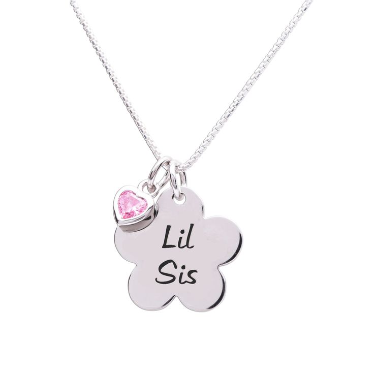 Sterling Silver Little Sister Daisy Necklace (BCN-Lil Sis-Daisy) Sterling Silver Charm Necklace With Flower For Mother's Day, Mother's Day Sterling Silver Necklace With Flower Charm, Personalized Sterling Silver Flower Pendant Charm Necklace, Pink Hallmarked Necklaces As Gifts, Personalized Pink Charm Necklaces For Birthday Gift, Cute Flower Pendant Jewelry Gift, Cute Flower Pendant Jewelry For Gifts, Personalized Pink Charm Necklace As Gift, Personalized Pink Necklaces For Best Friend Gift