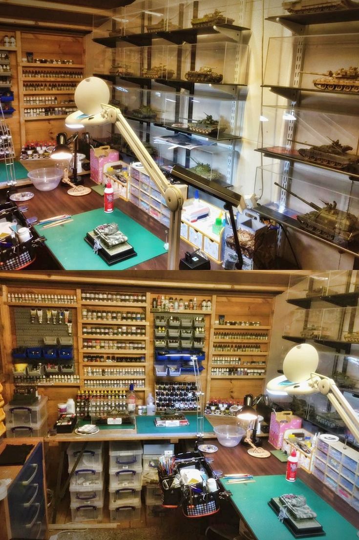 the inside of a store with many items on shelves and desks in front of it