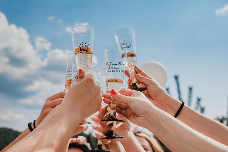 several people holding up wine glasses in the air