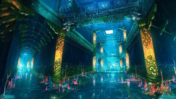 an underwater scene with columns and lights