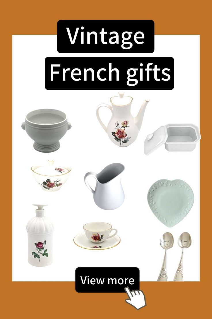 vintage french gifts are on display with the words'view more'in black and white