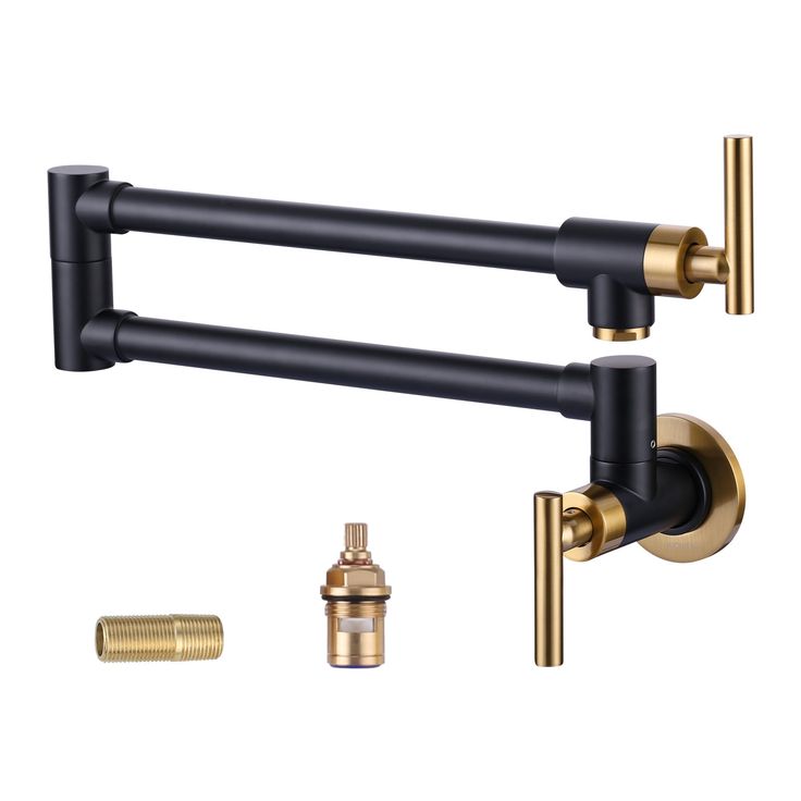 two black and gold faucets with brass fittings on each side, one is holding