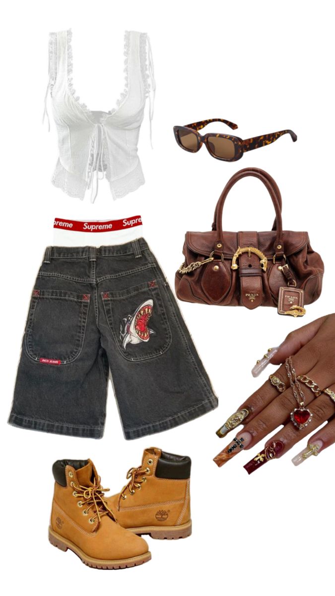 Streetstyle jorts timbs festival outfit inspo Boomtown Festival Outfits, Festival Outfit Uk, Uk Festival Outfit, Rolling Loud Outfits, Festival Outfit Inspo, Preppy Summer Outfits, Coachella Outfit, Tomboy Style Outfits, Streetwear Fashion Women