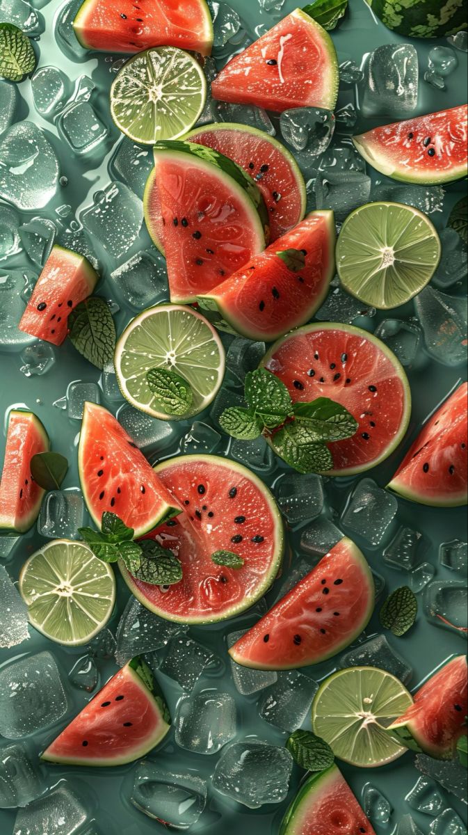 slices of watermelon and lime on ice cubes