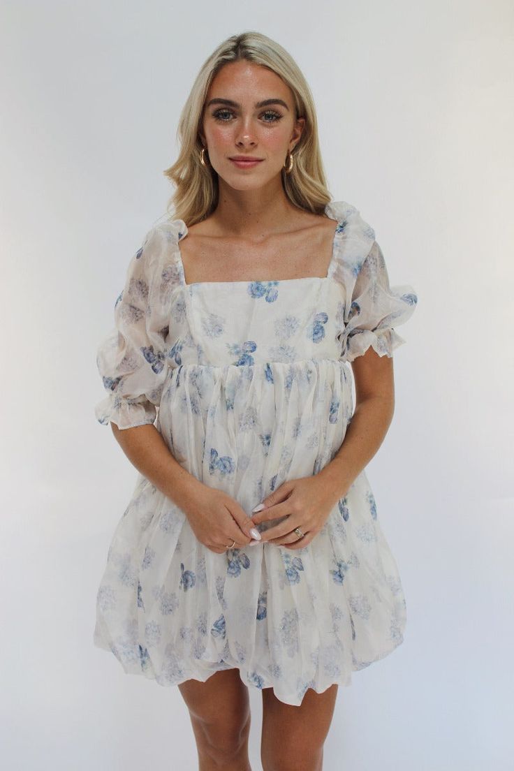 Girlhood Babydoll Dress Sofie The Label Puff Sleeve Hoco Dress, Modest Dance Dresses, Sleeve Hoco Dress, Church Dress Outfit, Spring Formal Dress, Short Flowy Dress, Spring Formal Dresses, Thrift Style, Blue Floral Mini Dress