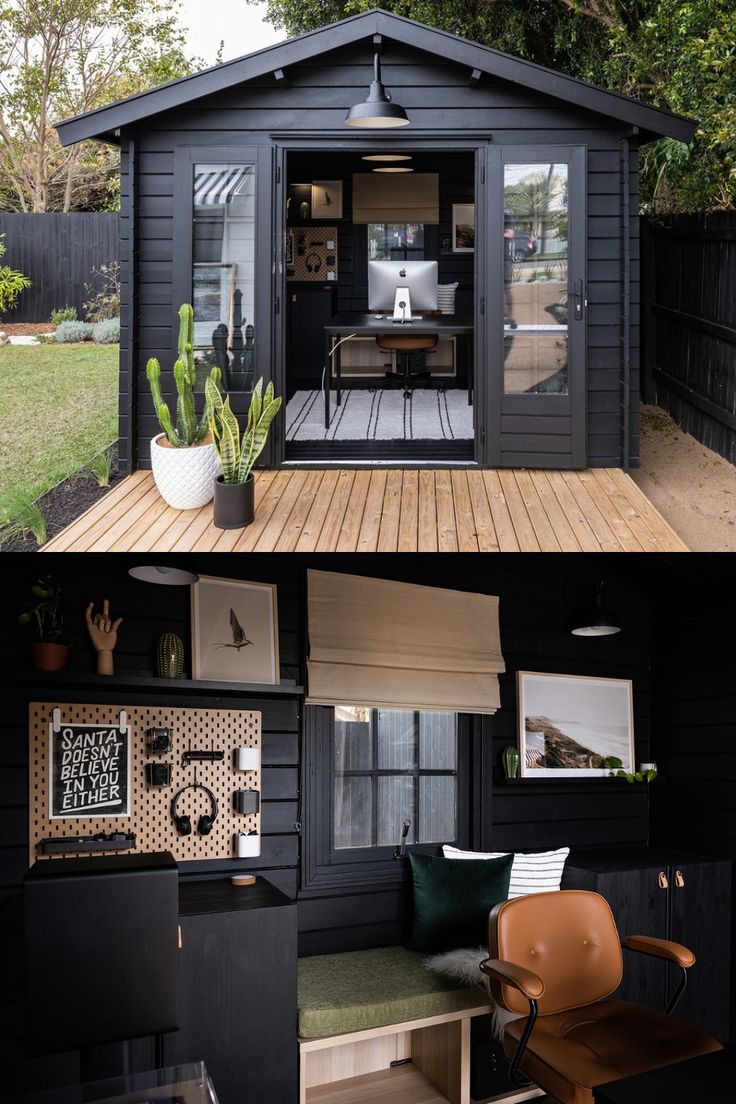 two pictures of the inside of a small house