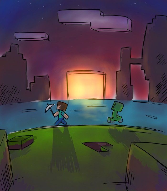 a drawing of two people walking in front of a city at night with the sun going down