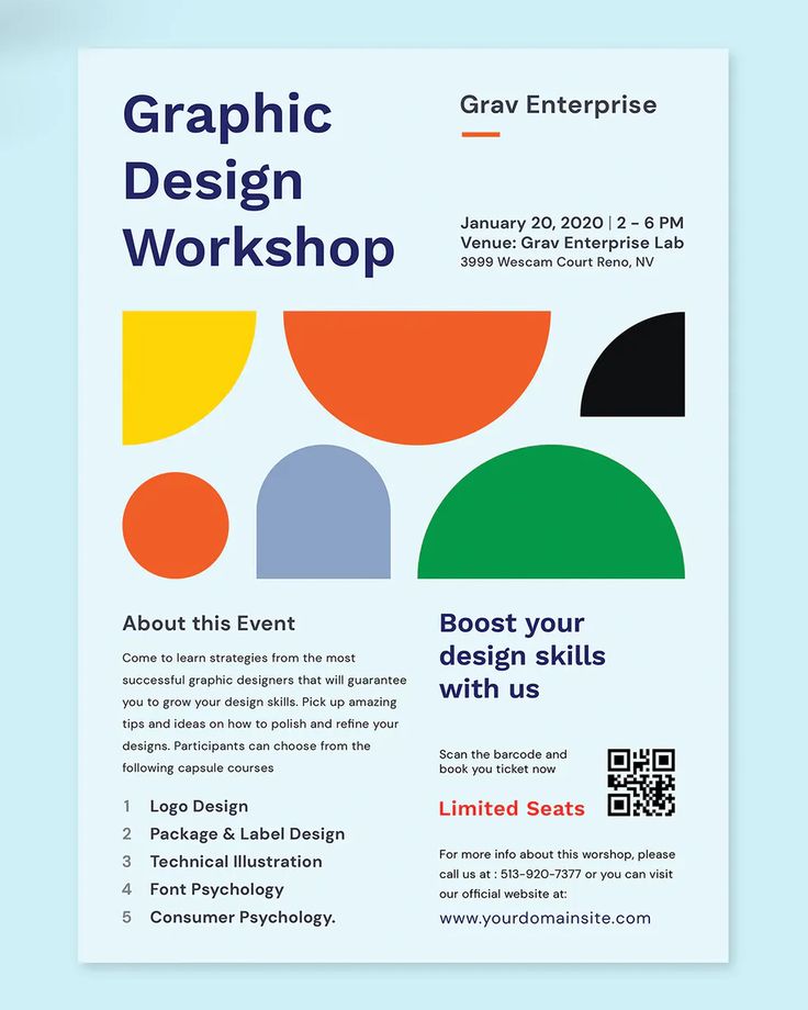 a flyer for graphic design workshop with different colors and shapes on it, including the text