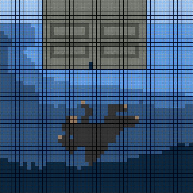 a pixellated image of a building in the ocean