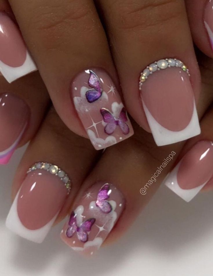 Butterfly Nail Designs, Purple Acrylic Nails, Romantic Nails, Purple Nail Designs, Fancy Nails Designs, Stylish Nails Designs, Nails Design With Rhinestones, Nail Art Designs Diy, Short Square Acrylic Nails