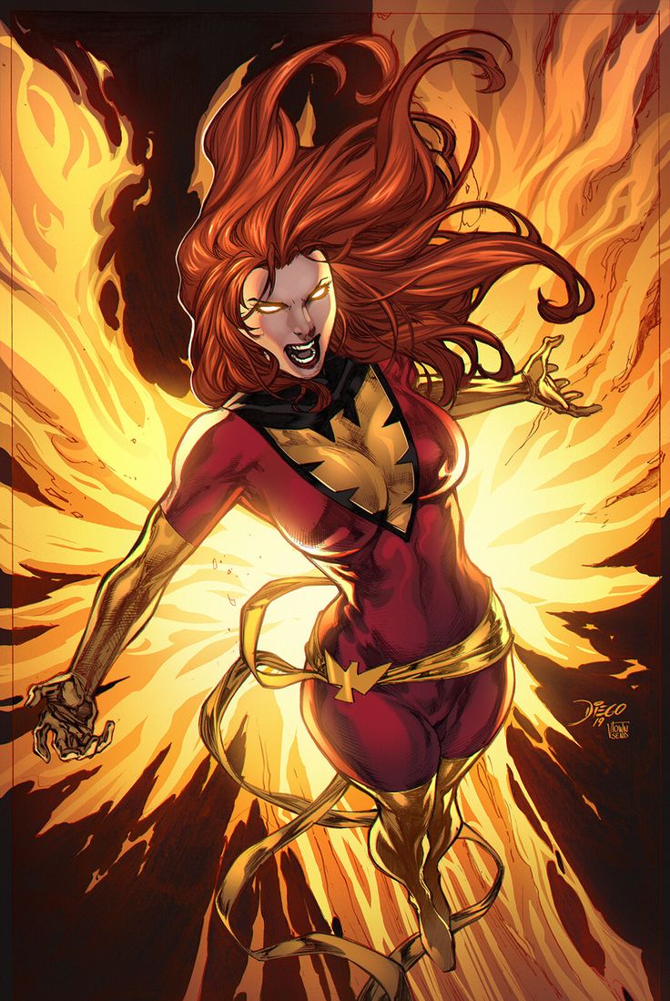 an illustration of a woman in red and yellow costume with flames behind her, flying through the air