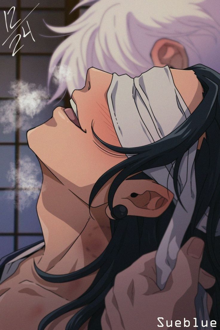 an anime character with white hair and long black hair is looking up at the sky