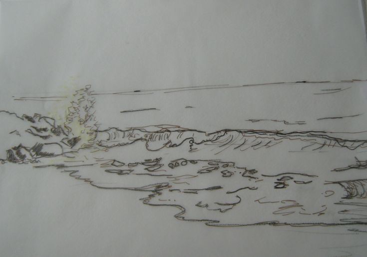 a drawing of a lake with trees on the shore