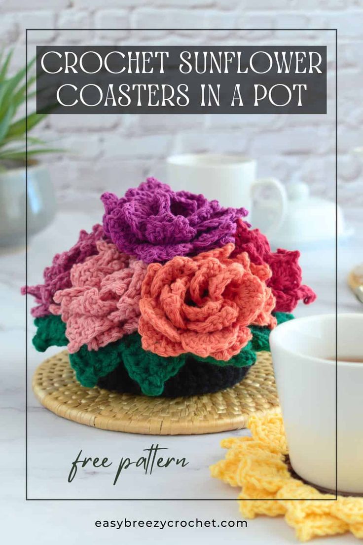 crochet sunflower coasters in a pot free pattern