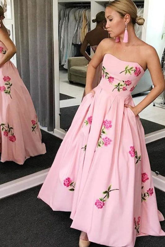 A Line Strapless Floor Length Printed Prom Dress Long Floral Evening Dresses - Prom Dresses Prom Dresses Long Floral, Ankle Length Prom Dress, Floral Evening Dresses, Printed Prom Dresses, Prom Dresses Long Pink, Prom Dress Long, Prom Dresses With Pockets, Dresses Classy, Pink Prom Dress