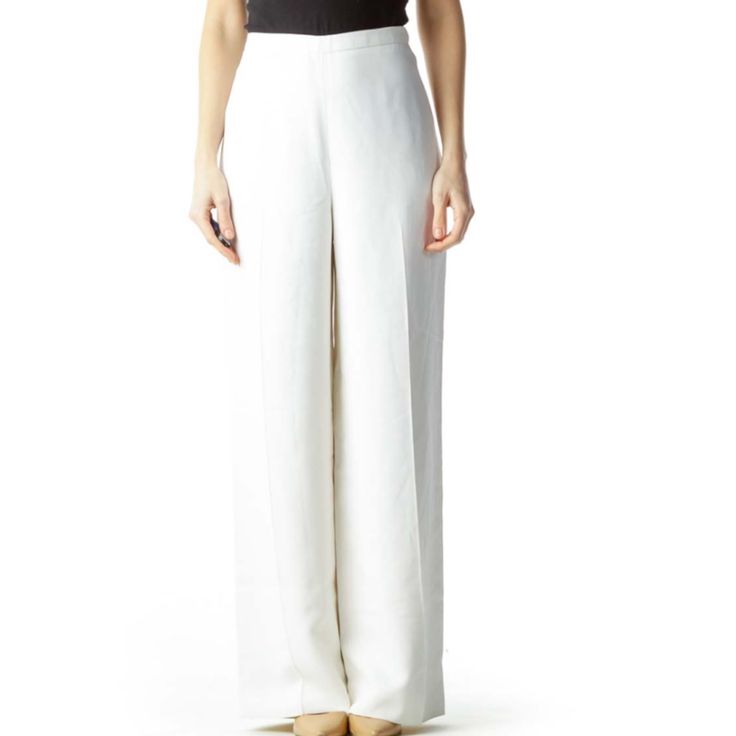 Ellen Tracy Women’s Trousers Size 14 Color Ivory Wide Leg Cuffed Hem Material Acetate 55% Viscose 45% Lining/ Doublure Acetate 100% Lined Side Zipped Closure Bin4 New With Tags Elegant Tailored White Wide Leg Pants, Elegant White Straight Dress Pants, Tailored Elegant White Bottoms, Chic Tailored Wide Leg Pants For Spring, White Tailored Elegant Bottoms, Elegant Linen Pantsuit For Formal Occasions, Elegant Linen Pantsuit For Formal Events, Chic Tailored Linen Pantsuit, Elegant High-waisted Wide Leg Pants For Spring