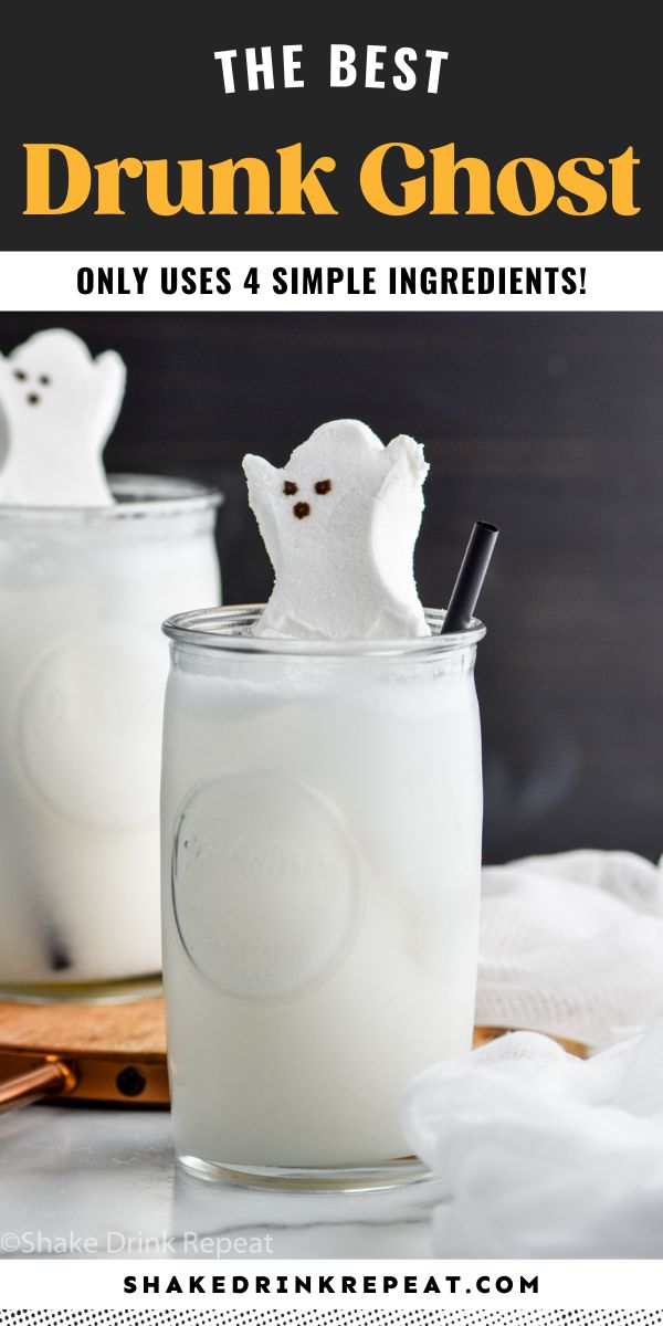 two glasses filled with milk and ghost decorations on top of each glass, the best drunk ghost only uses 4 simple ingredients