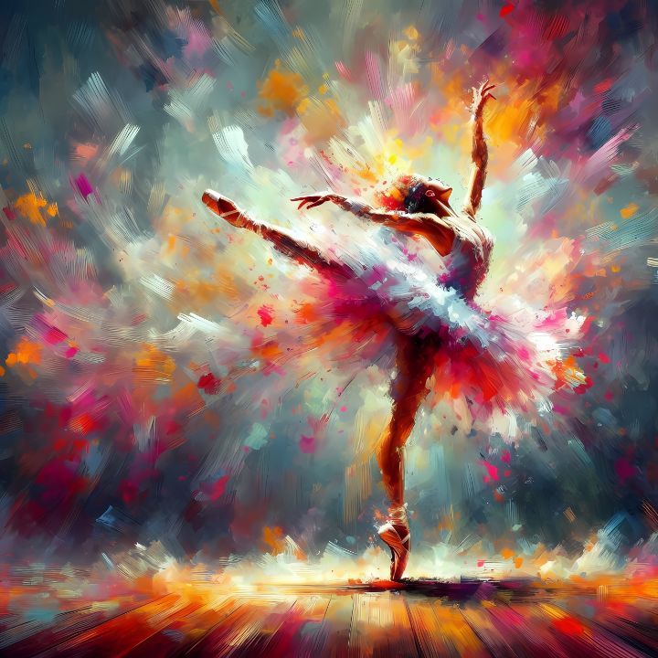 a painting of a ballerina in pink and white with colorful paint splatters