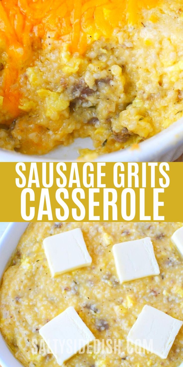 sausage grits casserole in a white bowl with cheese cubes on top