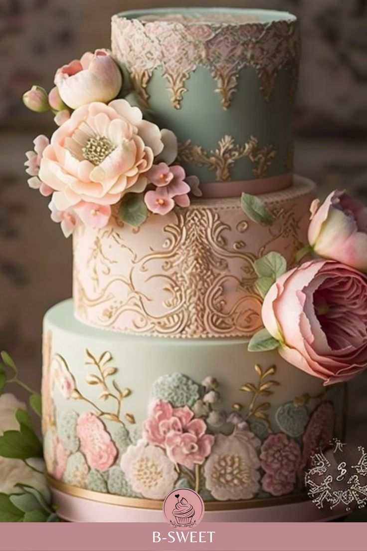 a three tiered cake decorated with flowers and filigrees on the side