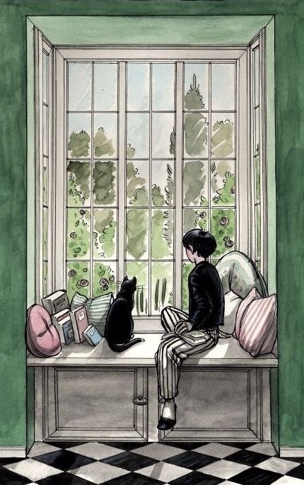 a drawing of a person sitting on a window sill with a cat looking out the window