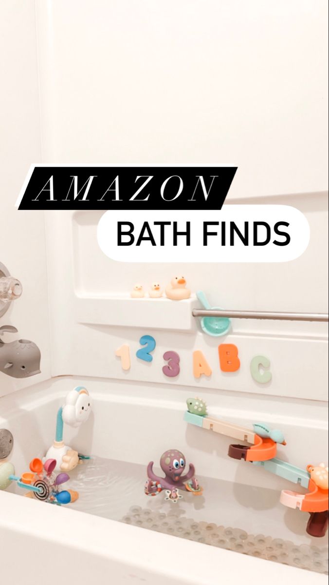 a bath tub filled with toys and the words amazon bath finds on it's side