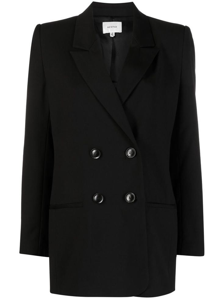 black peak lapels double-breasted button fastening two front welt pockets shoulder pads long sleeves buttoned cuffs American rear vent Versace Outfit, Blazer Black, Breasted Blazer, Double Breasted Blazer, Mens Activewear, Black Blazers, Ski Wear, Party Dresses For Women, Ladies Party