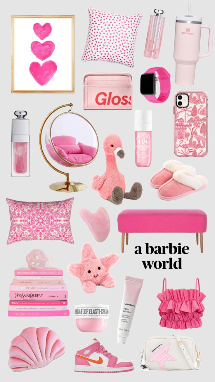 pink and white items are arranged in the shape of a collage