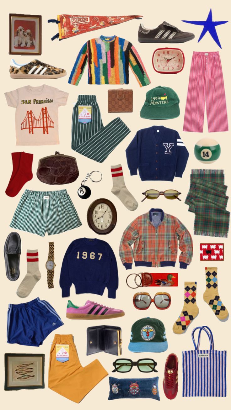 a collage of clothing and accessories is shown in this graphic style, including shoes