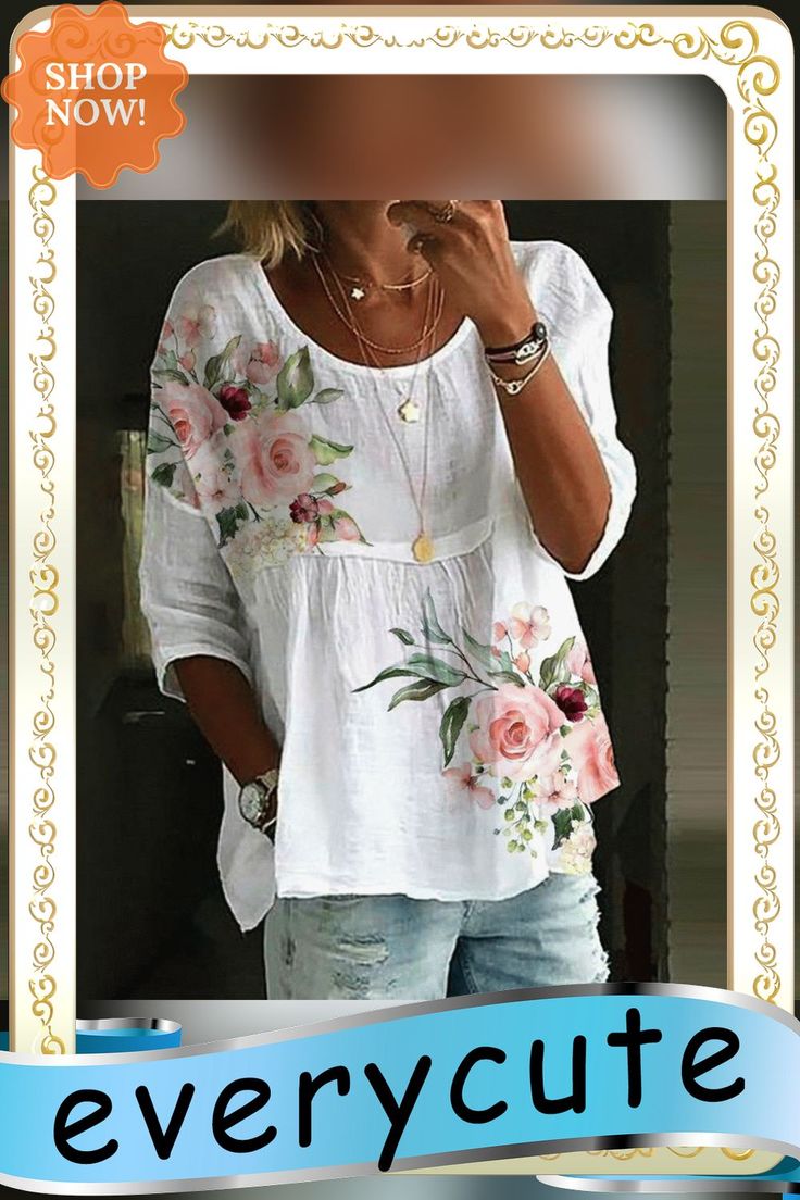 Pink Green Flower Print White Tunic Top Relaxed Fit Blouse With Floral Print And Crew Neck, Floral Print Blouse With Relaxed Fit, Crew Neck, Relaxed Fit Floral Print Blouse With Crew Neck, Relaxed Fit Crew Neck Blouse With Floral Print, Casual Spring Blouse With Plant Print, Spring Crew Neck Blouse For Beach, Spring Crew Neck Blouse With Floral Print, Spring Floral Print Crew Neck Blouse, Short Sleeve Rose Print Tops For Summer