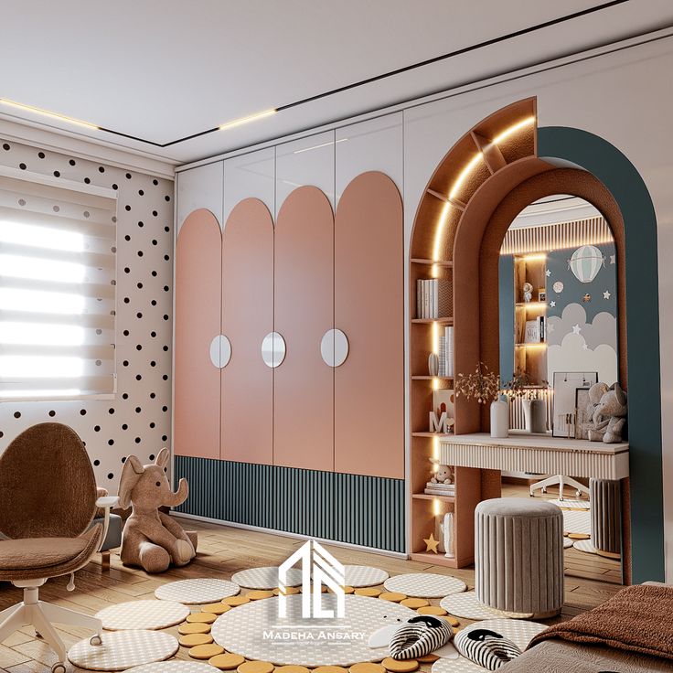 a child's room decorated in pastel colors with polka dot wallpaper and furniture