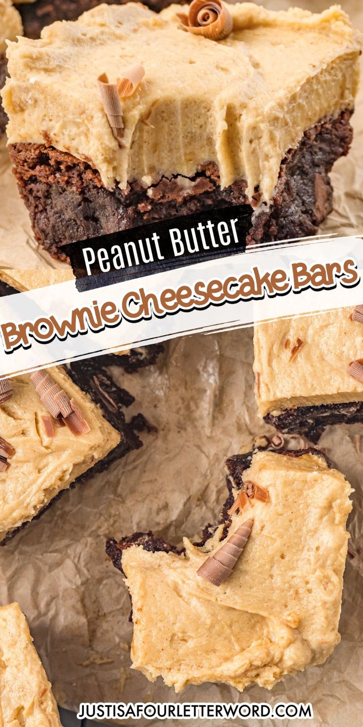 peanut butter brownie cheesecake bars on top of parchment paper with text overlay