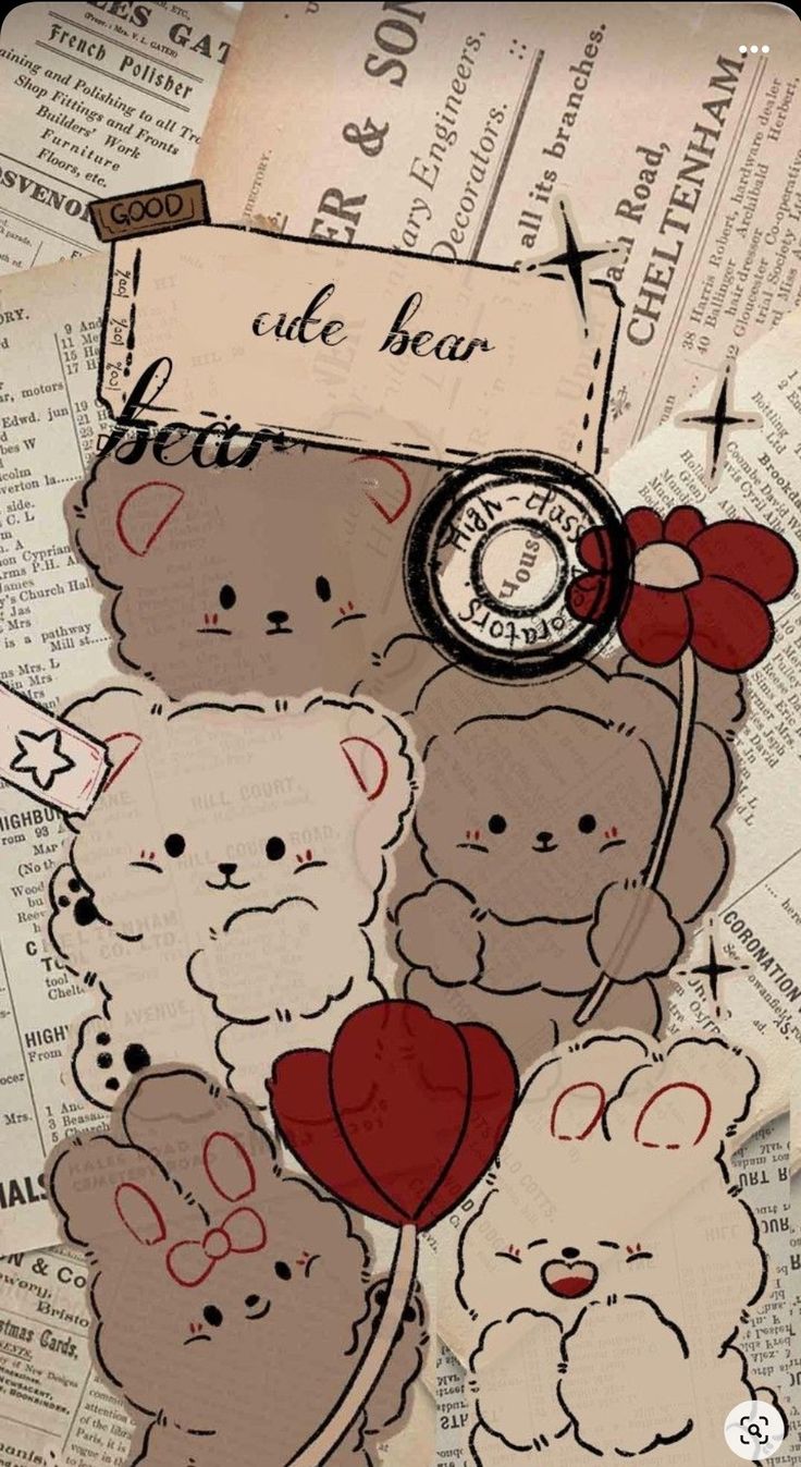 a bunch of teddy bears sitting on top of a pile of paper with some hearts