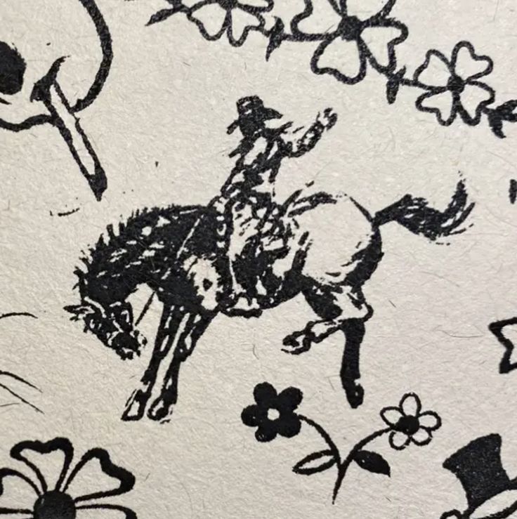 a drawing of a cowboy on a horse in the middle of flowers and daisies