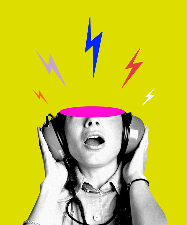 a woman wearing headphones and listening to music with lightning bolt above her head on yellow background