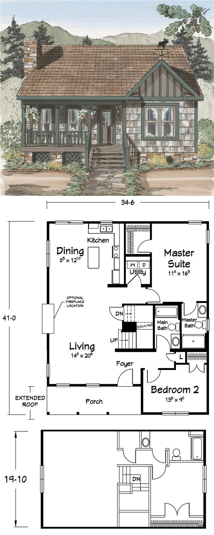 two story house plans with one bedroom and living room on the first floor, while another has