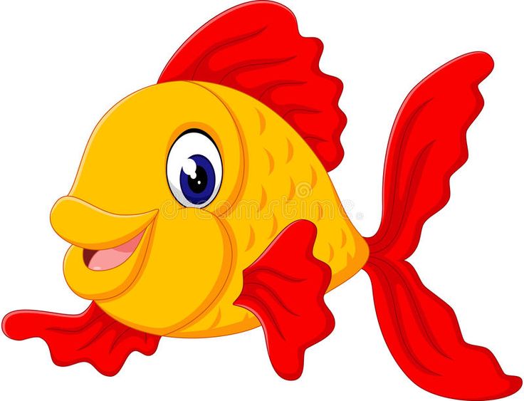 cartoon gold fish with blue eyes and red tail, smiling for the camera on a white background