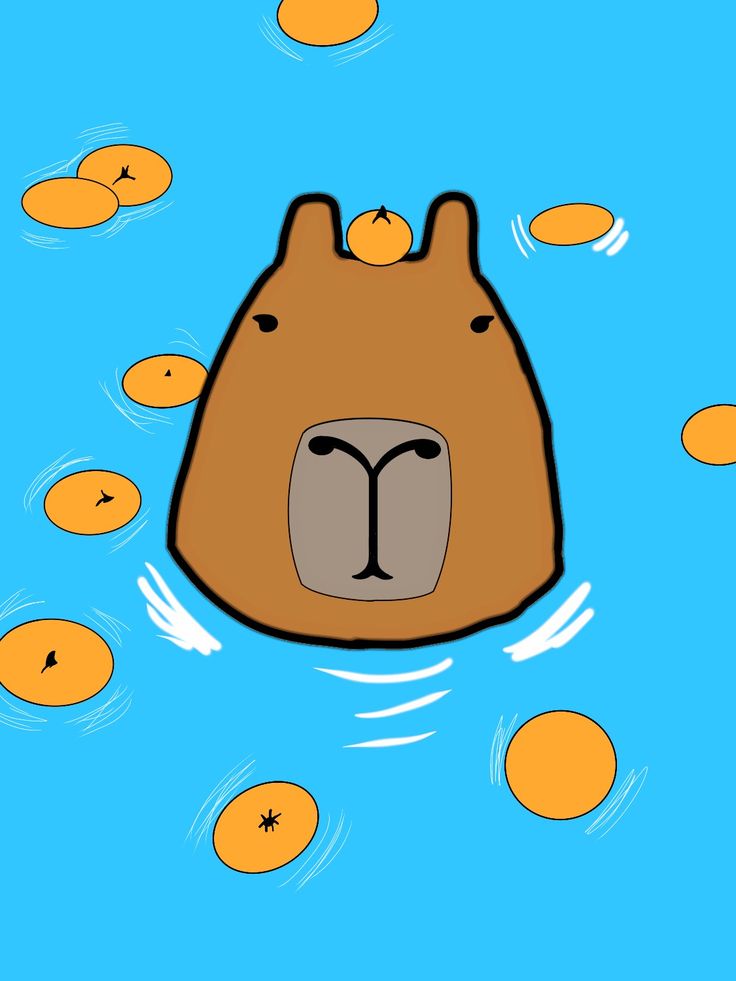 an animal floating in the water with oranges around it's head and eyes